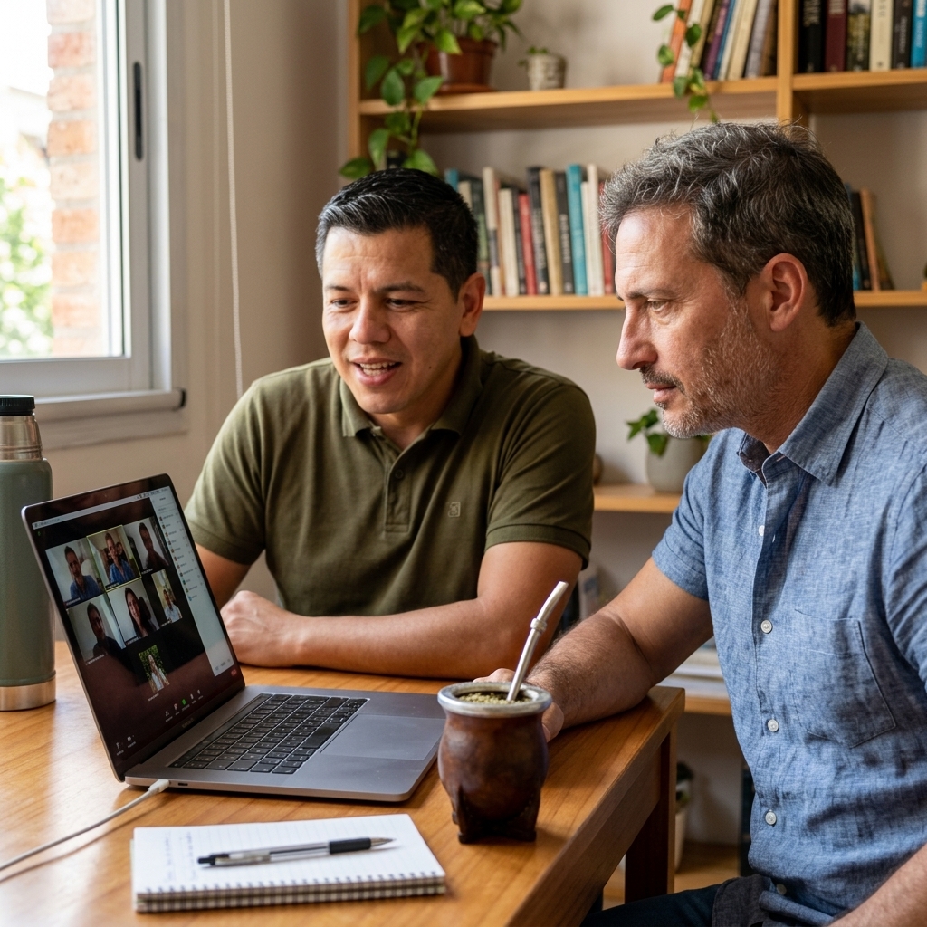Juan y Alberto comparten una jornada de trabajo frente a una computadora.